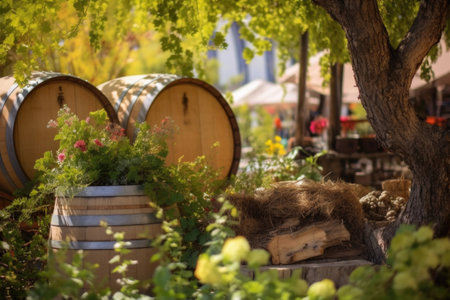wine barrel and grapevines as a backdrop at festival, created with generative aiの素材