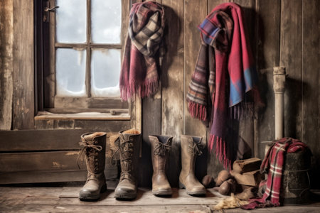 winter boots and scarf hanging on a rustic wall, created with generative aiの素材