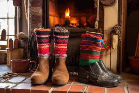 pair of winter boots with woolen socks hanging by the fireplace, created with generative aiの素材