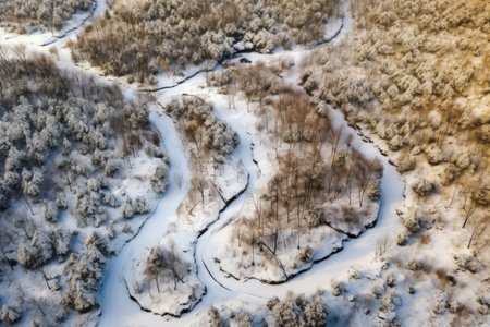 aerial view of a winding winter hiking trail, created with generative aiの素材