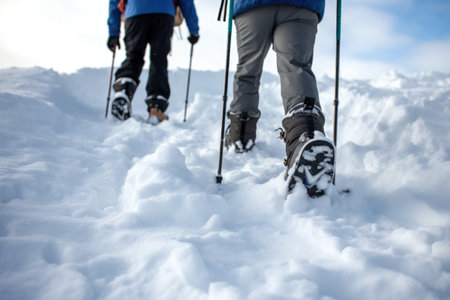 hikers snow-covered boots and a trekking pole, created with generative aiの素材