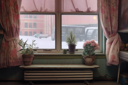 draft stopper at the base of a window in winter, created with generative aiの素材
