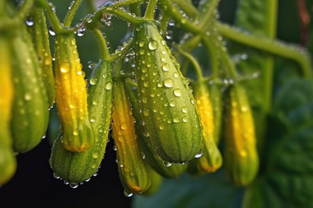 close-up of zucchinis on the vine with dew drops, created with generative aiの素材