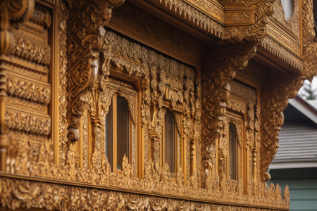 close-up of intricate wooden detailing on a house exterior, created with generative aiの素材