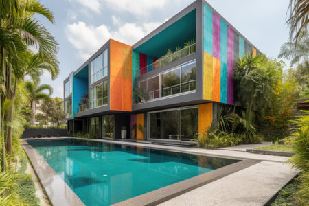 modern architectural masterpiece with intricate and colorful detailing, created with generative aiの素材
