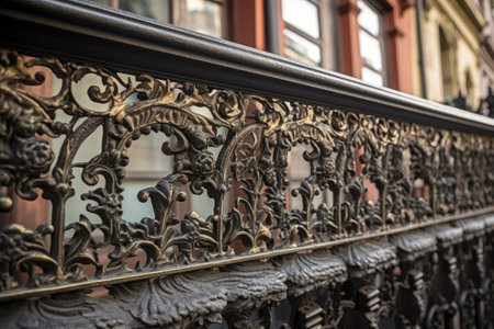 close-up of ornate balcony railing, with carved details and intricate metalwork, created with generative aiの素材