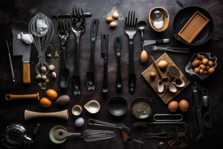 collection of cooking utensil flatlays featuring various tools for whipping up tasty meals, created with generative aiの素材