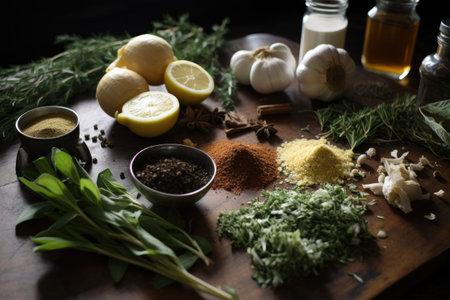 a close-up of ingredients, including herbs and spices, for a delicious recipe, created with generative aiの素材