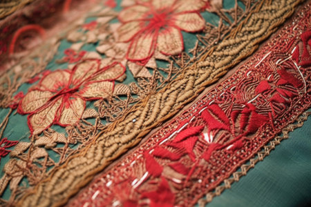 close-up of intricate fabric pattern, with the stitches visible, created with generative aiの素材