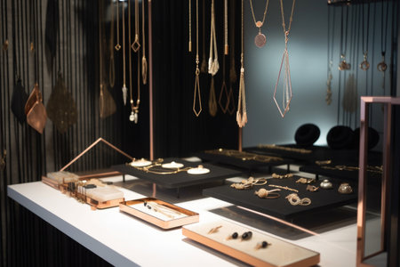 a sleek and minimalist display of delicate necklaces, bracelets, and earrings, created with generative aiの素材