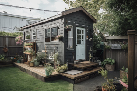 tiny home in a bustling city, with eclectic mix of people and places, created with generative aiの素材