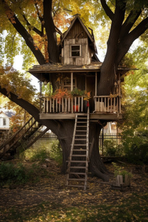 treehouse nestled within sturdy branches of backyard tree, created with generative aiの素材