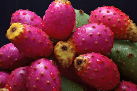 close-up of a prickly pear cactus with vibrant fruits, created with generative aiの素材