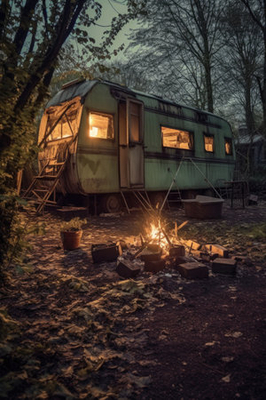 abandoned caravan campsite with remnants of a fire, created with generative aiの素材