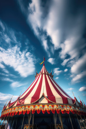 low angle view of circus tent peak with sky background, created with generative aiの素材