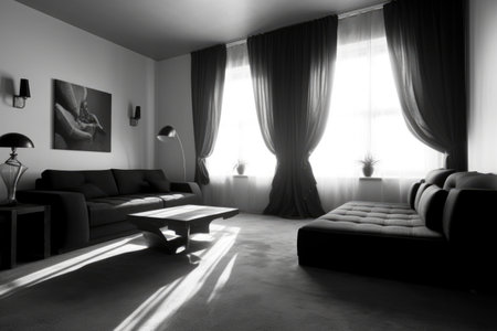 monochrome minimalist room with contrasting shadows, created with generative aiの素材