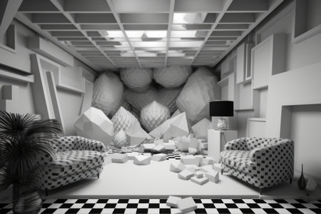geometric shapes floating in a monochrome room, created with generative aiの素材