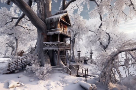 wide-angle shot of treehouse in winter wonderland landscape, created with generative aiの素材