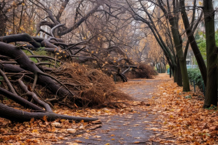 fallen branches scattered on park pathway, created with generative aiの素材