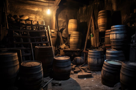 stack of old barrels in a dimly lit cellar, created with generative aiの素材