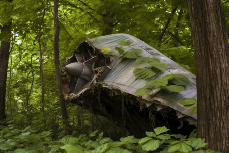 crumpled airplane wing among trees and foliage, created with generative aiの素材