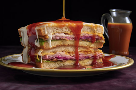 layered sandwich with sauce dripping down, created with generative aiの素材