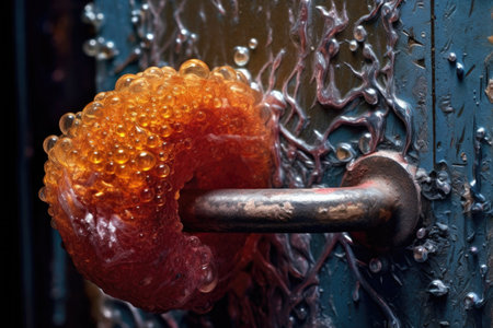 macro shot of bacteria on a metallic door handle, created with generative aiの素材