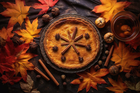 pumpkin pie surrounded by autumn leaves and cinnamon sticks, created with generative aiの素材