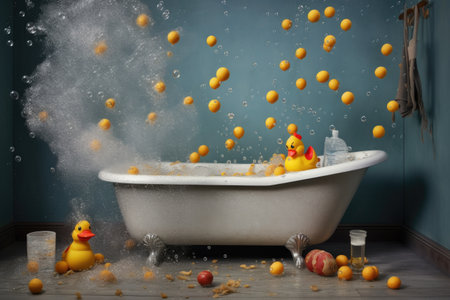 overflowing bathtub with rubber duck and bubbles floating, created with generative aiの素材