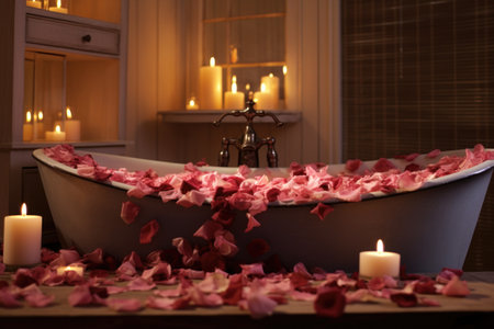 overflowing bath with floating candles and rose petals, created with generative aiの素材