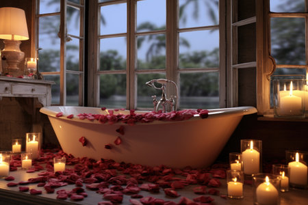 overflowing bathtub with candles and rose petals floating, created with generative aiの素材
