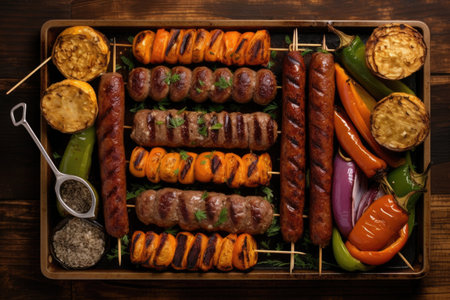 grilled sausages on skewers with charcoal fire, created with generative aiの素材