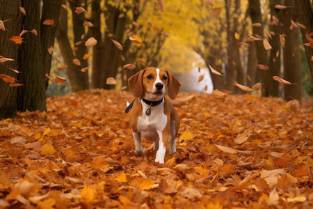 beagle following scent through autumn leaves, created with generative aiの素材