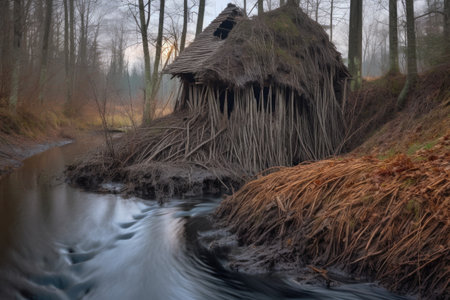 water flowing around a partially built beaver dam, created with generative aiの素材