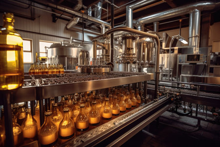automated bottling process in a brewery, created with generative aiの素材