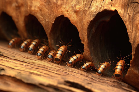 beetle larvae tunnels on a wooden surface, created with generative aiの素材