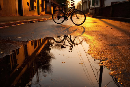reflection of a bicycle in a water-filled pothole after rain, created with generative aiの素材
