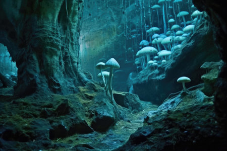 eerie illumination of a cave by bioluminescent fungi, created with generative aiの素材