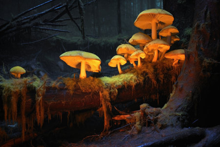 glowing fungi on decaying log at night, created with generative aiの素材