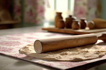 rolling pin flattening dough on floured surface, created with generative aiの素材