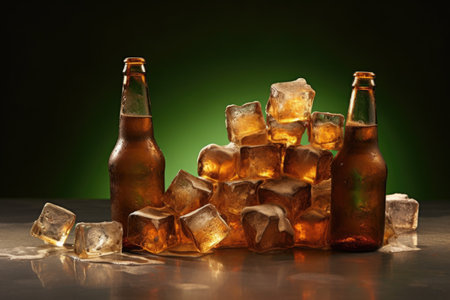 ice cubes melting around cold beer bottles, created with generative aiの素材