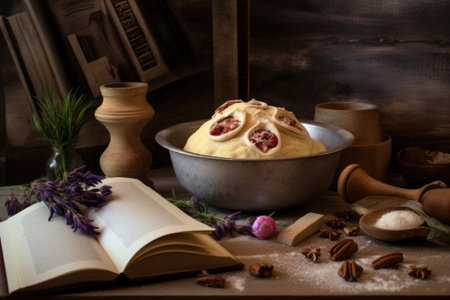dough rising in a bowl with a recipe book opened on the side, created with generative aiの素材