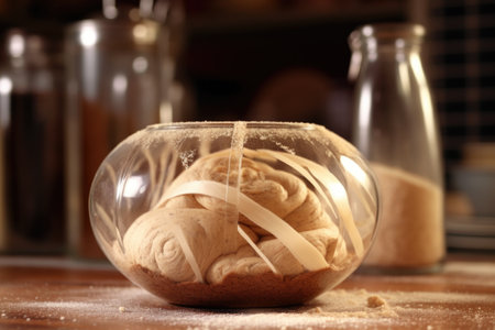 close-up of dough swelling in a glass bowl, created with generative aiの素材