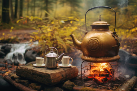 chamomile tea brewing in a vintage kettle on a campfire, created with generative aiの素材