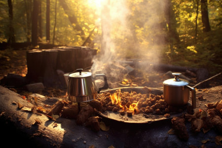 morning sunlight shining on a campfire coffee brew, created with generative aiの素材