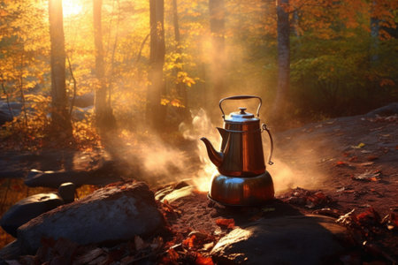morning sunlight hitting a coffee pot over campfire, created with generative aiの素材