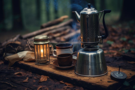 campfire coffee and vintage camping equipment, created with generative aiの素材