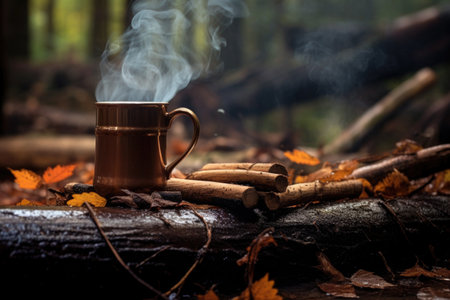 steaming coffee cup set on a log next to a campfire, created with generative aiの素材