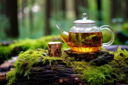 glass teapot with herbal tea on a log surrounded by nature, created with generative aiの素材