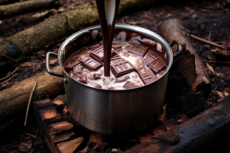 melted chocolate and warm milk in a pot over a campfire, created with generative aiの素材